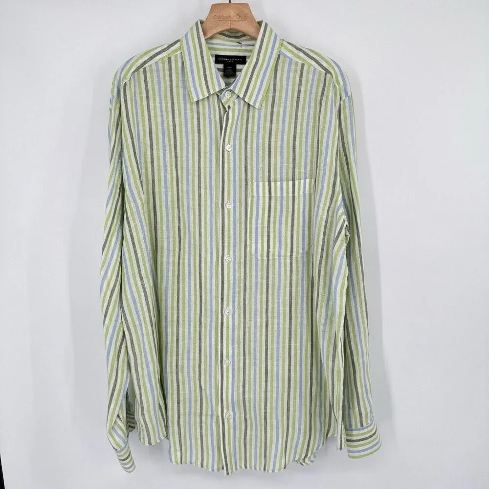 Banana Republic Linen Men's Striped Button Down Shirt Green Blue Size Large